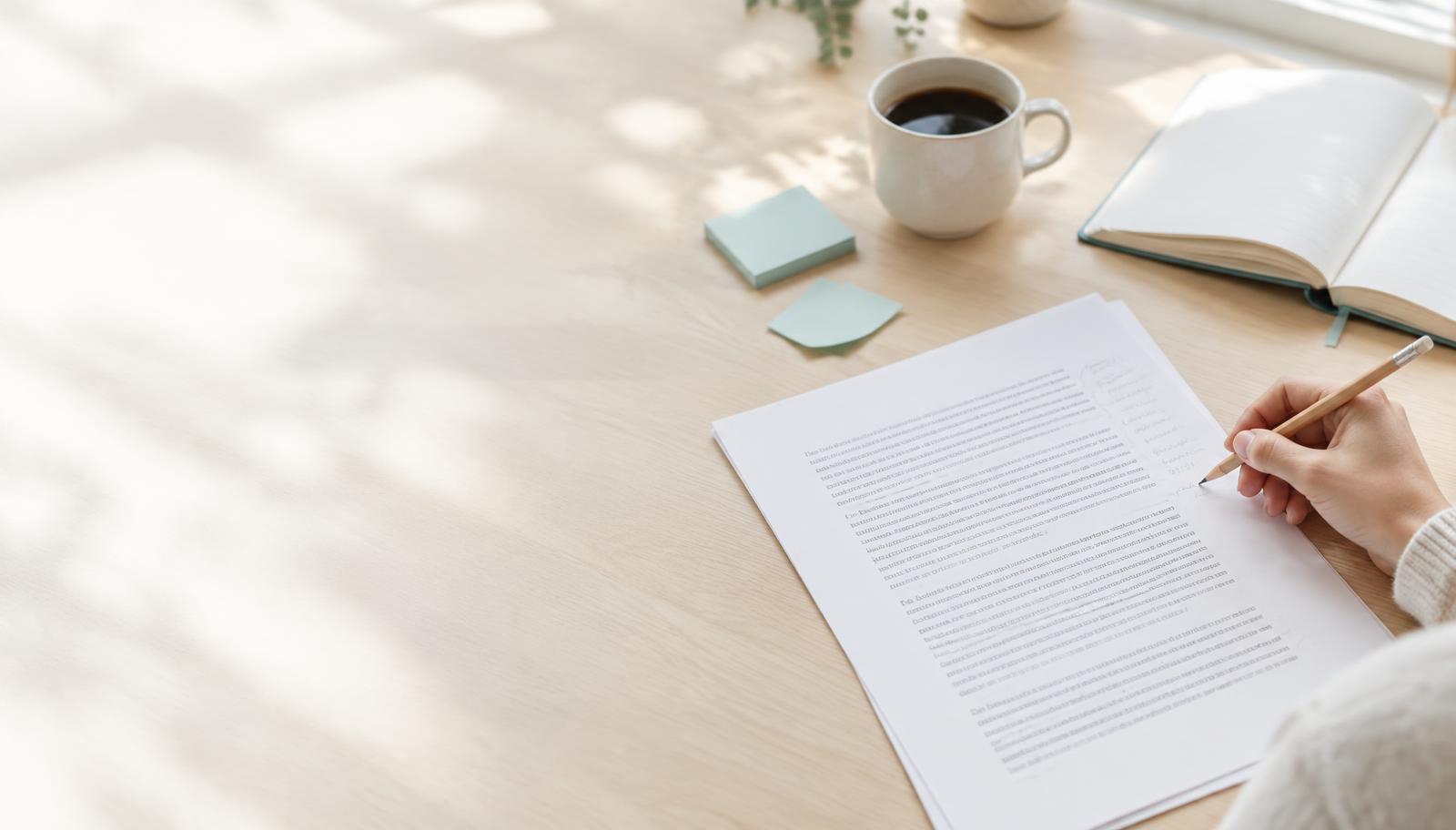 Een redacteur maakt aantekeningen in een uitgeprinte tekst aan een licht bureau